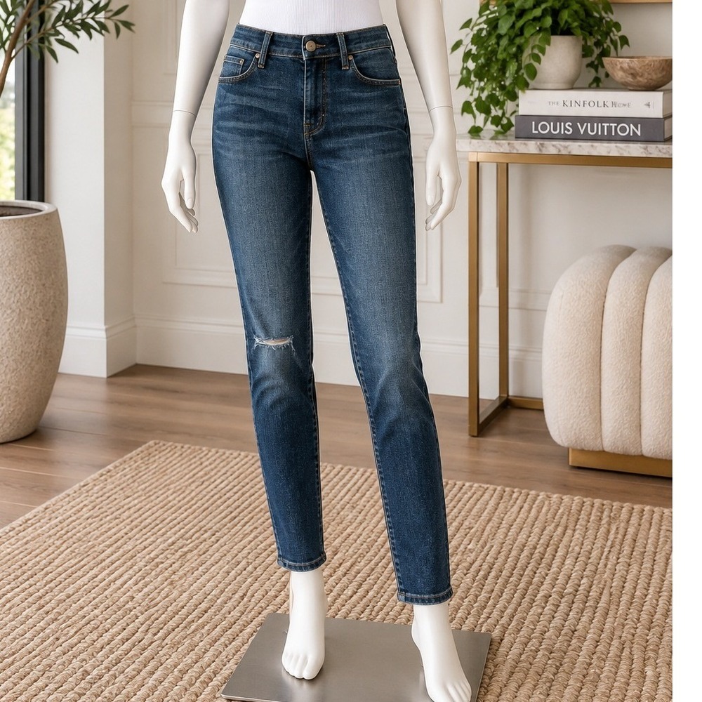 FRAME Le High Skinny Jeans Dark Wash Distressed Knee Designer 25